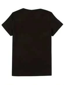 Camiseta de Manga Corta y Talla Grande para Mujer con Bordado de Diamantes Calientes - Negro - Ver 4