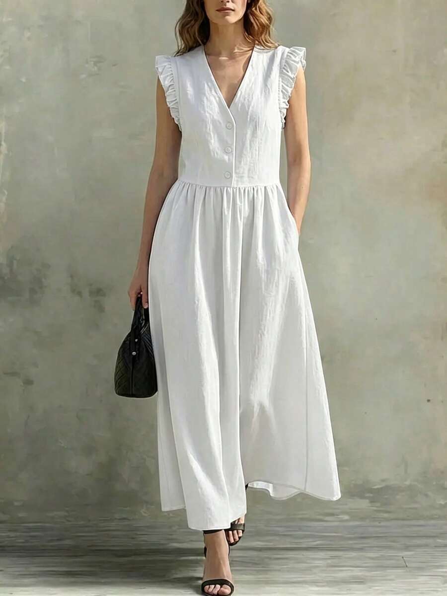 Women's Sleeveless Dress Spring Summer 2026, V-Neck With Ruffled Edges In Cotton Linen Fabric, Casual Style - White - View 1