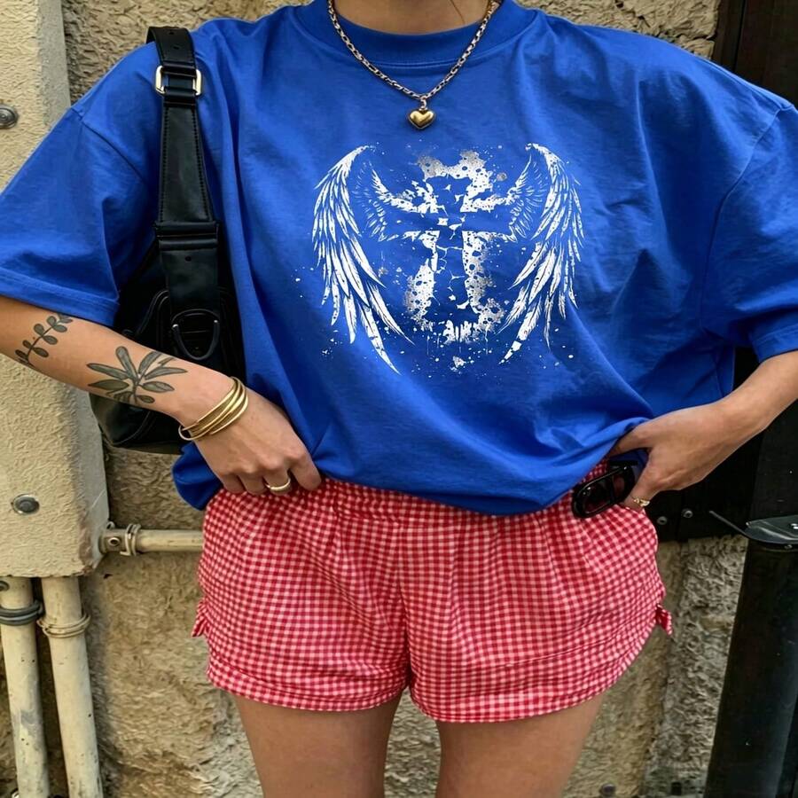 Heartfelt Daily Casual Graphic T-Shirt 100% Cotton Oversized Soft Breathable Casual Crewneck Short Sleeve Top Vintage Aesthetic Red Checkered Shorts Street Style Fashion Lovers Casual Wearers Daily Outfit Enthusiasts Gift Givers