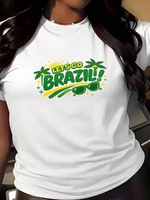 Limited Time Offer, Limited Quantities, Flash ! Women's Casual Shirts, Women's Polyester T-Shirts, Elegant Shirts. Women's Summer T-Shirt With "Let's Go Brazil" Graphic Print, Urban Bohemian Style, Short Sleeves, With Slight Stretch, Comfortable And Casual - 白色 - 查看 9
