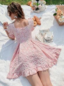 Vestido de cuello cuadrado con lazo delantero floral jacquard - Rosa Pálido - Ver 2
