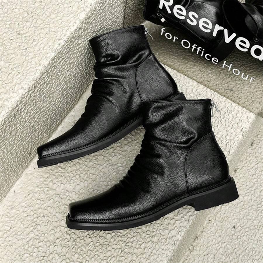 Men's Black Square Toe Ankle Boots, Wrinkle-Effect Leather-Look Low Heel Boots For Office, Commute, Dinner & Daily Smart Casual Wear - 黑色 - 查看 1