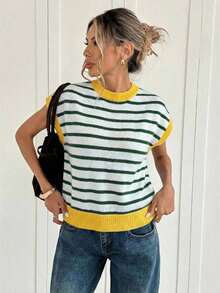Blusa de punto de manga de murciélago con rayas de color contrastante, casual de verano para mujer - Multicolor 4 - Ver 4