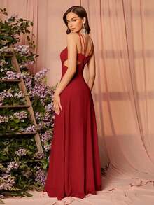 Vestido de dama de honor elegante con tirantes finos y corte calado para el verano - Burdeos - Ver 2