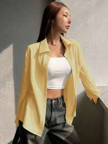 Camisa de mujer de manga larga de unicolor casual, para primavera y otoño, blusas de manga larga estilo Y2K, ropa de mujer de otoño - Amarillo - Ver 4