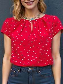 Camisa casual de mujer con cuello redondo y mangas cortas, estampado floral, estilo vacacional - Rojo 3 - Ver 7