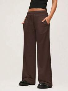 Pantalón de chándal de pierna ancha y cintura baja de unicolor de punto para mujer - Marrón - Ver 3