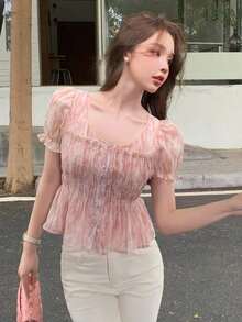 Blusa de verano con volantes y estampado todo sobre, ropa de otoño - Rosa - Ver 3