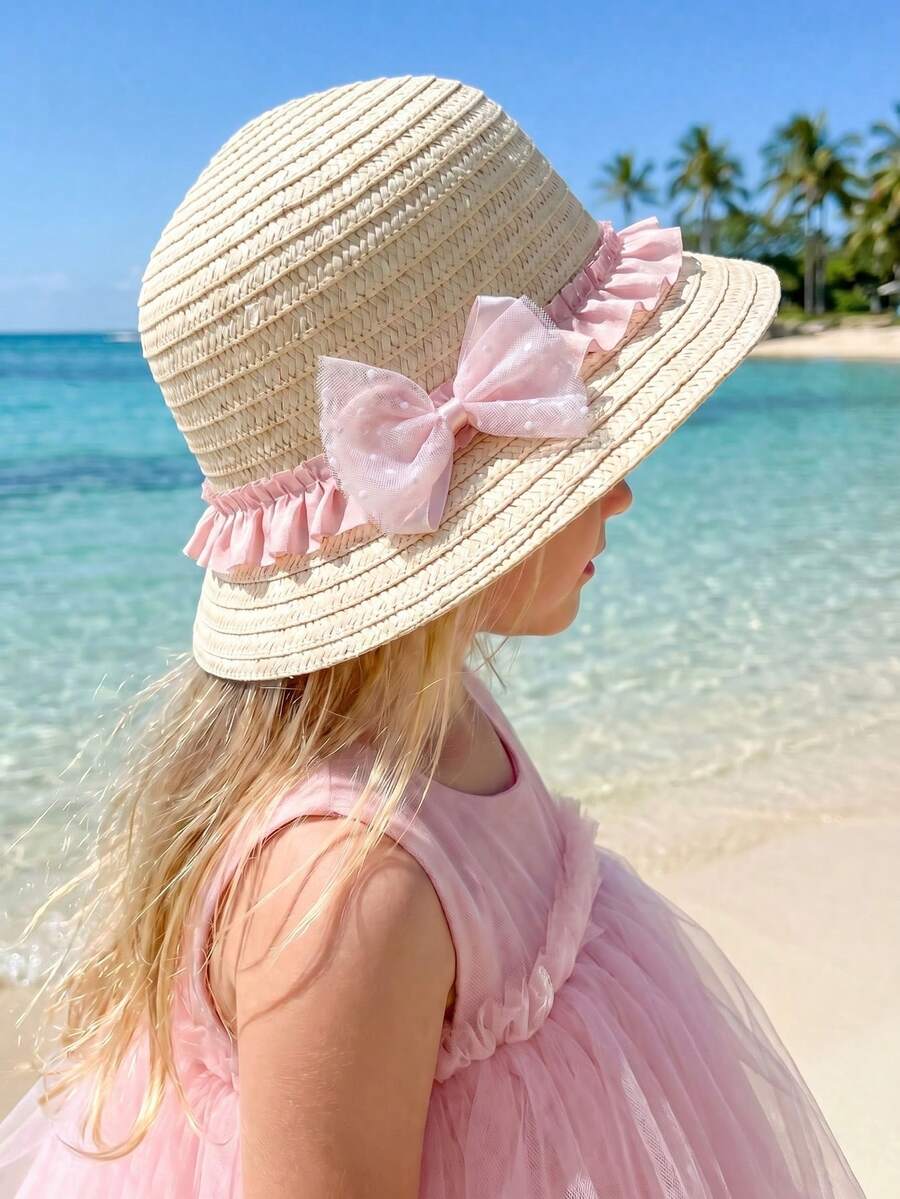 1顶幼儿女童米色蝴蝶结草帽，夏季防晒沙滩/户外透气草编帽，适合3-8岁儿童 - 1PC - 查看 1