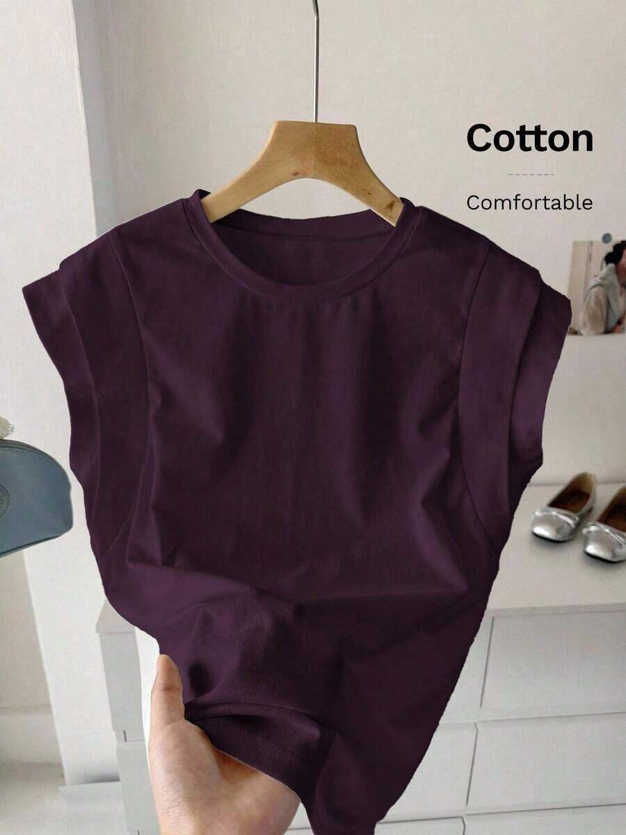 Camiseta de algodón casual de cuello redondo de doble capa con hombros anchos y sin mangas para mujeres, adecuada para uso casual diario, blanco para verano, parte superior de trabajo para verano - Morado - Ver 1
