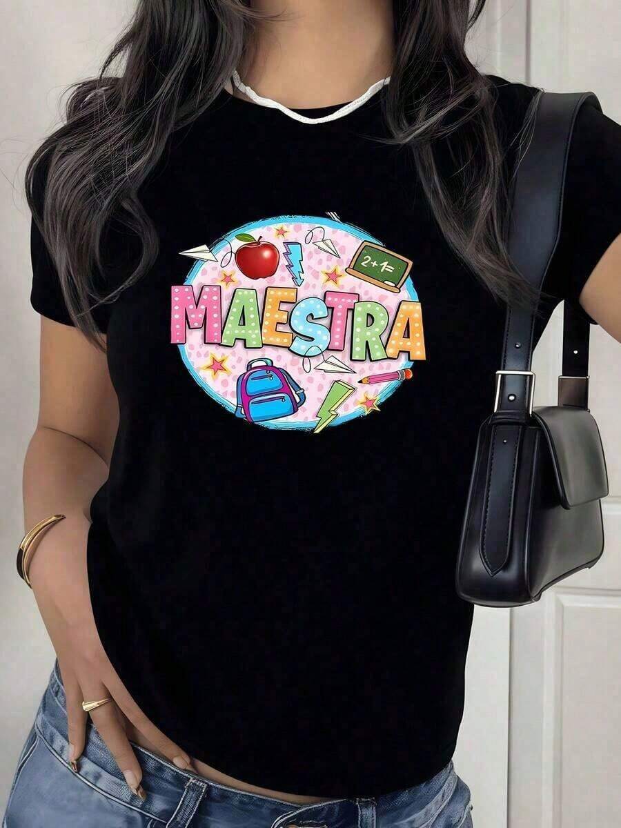 NewSummerCasualIlustración colorida con palabra Maestra rodeada de manzana pizarra mochila lápices papel y estrellas transmitiendo amor por la enseñanza camiseta para mujer 100% algodón-Vintage Street Style Unisex Loose Cotton Short Sleeve Crew Neck T-Shirt - Negro - Ver 1