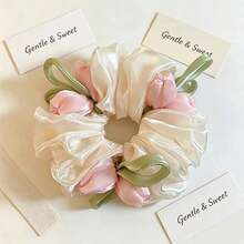 Pink Tulip Scrunchie, Versatile Hair Tie, Elegant Hair Accessory For Women Ponytail Elastic Hair Ties - Multicolor - View 5