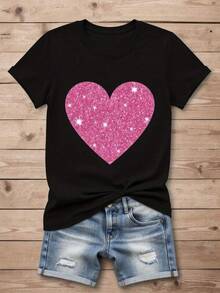 Camisetas Para Mujer AlgodónCamiseta única Y2K con diseño de corazón brillante en color rosa, perfecta para resaltar tu estilo. Ideal para combinar con tus jeans favoritos, un must en  de moda en México, siente la energía y el amor en cada uso. mundial 2026 - Negro - Ver 6