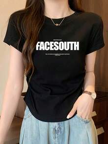 Short-Sleeved T-Shirt With Round Neck And Custom Letter Print, Starry Sky Print T-Shirt, Solid Black, Summer Novelty, Sexy And Elegant Top - Unisex Loose Cotton Short-Sleeved T-Shirt With Round Neck Urban Vintage Style. - 黑色 - 查看 3