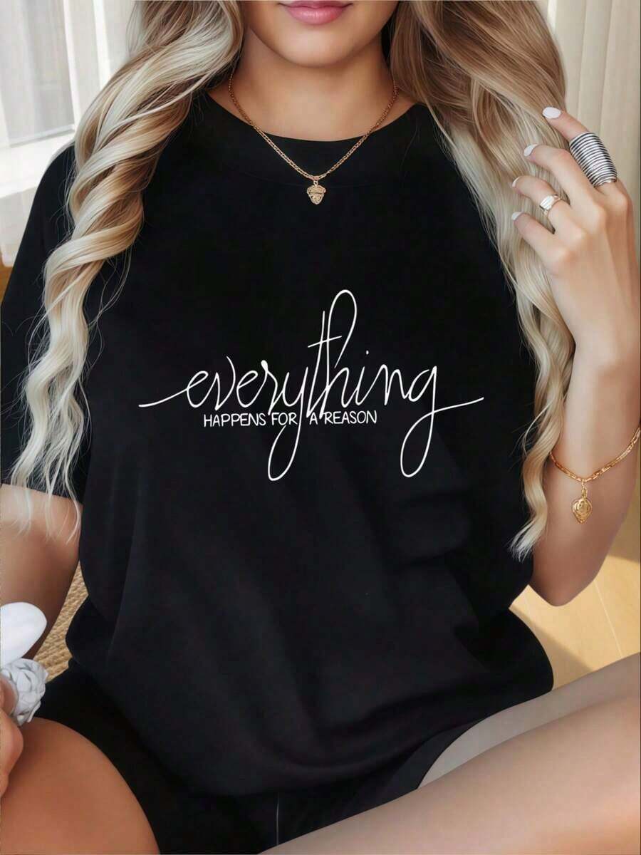 Women's Printed T-Shirt With A Round Neck And Short Sleeves, Featuring A Fun Print. Everything Happens For A Reason. 's T-Shirt With An Inspirational Quote, Casual Loose Fit, Fashionable Shirt. Suitable For Valentine's Day, Christmas, Parties, Sports Activities, Vacations, Outings, And Other Festive Gifts (220g). Summer T-Shirt - 黑色 - 查看 1