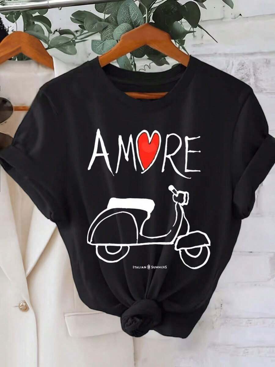 Blusa de manga corta para mujer de la marca Amore - Top casual de cuello redondo, suave y transpirable, adecuado para primavera y verano, lavable a máquina - Atuendo casual cómodo y versátil que realza los looks diarios (Noblusas para mujer>ropa - Negro - Ver 1