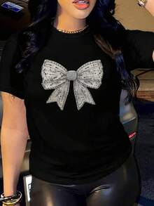 Women's Oversized Black Summer 2026 T-Shirt With Rhinestone Bow. Oversized Black T-Shirt With A Sparkly Bow, Ideal For Casual And Evening Outfits. - YH593-黑色 - 查看 1