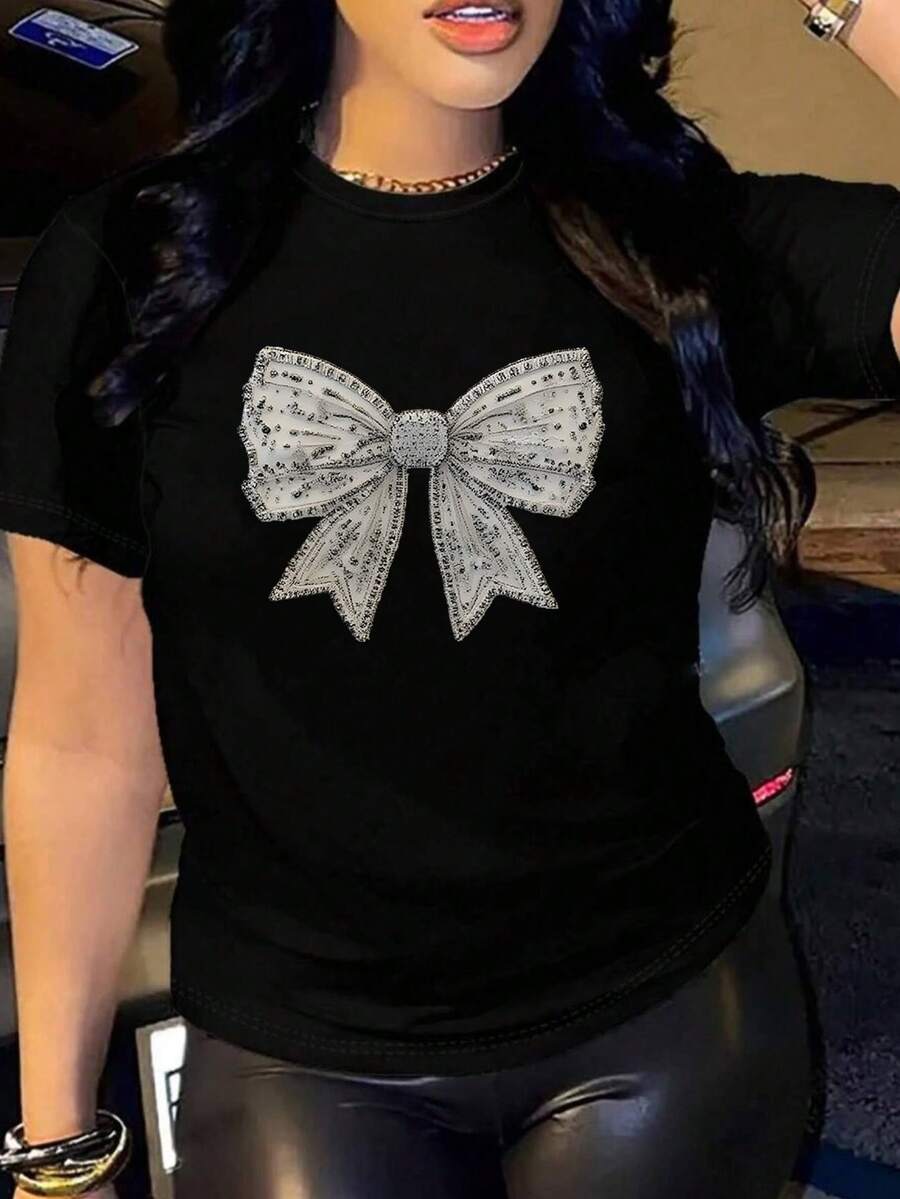 Women's Oversized Black Summer 2026 T-Shirt With Rhinestone Bow. Oversized Black T-Shirt With A Sparkly Bow, Ideal For Casual And Evening Outfits. - YH593-黑色 - 查看 1