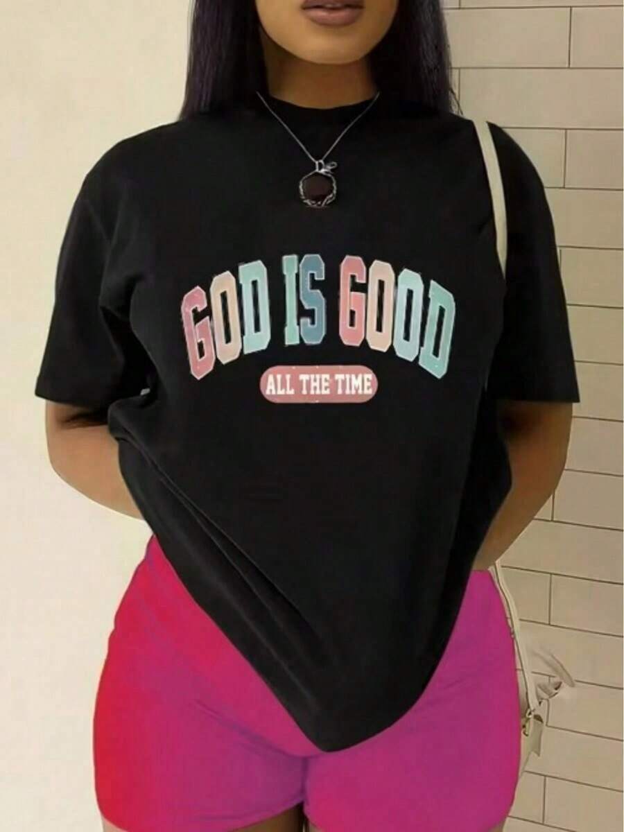 Camiseta de algodón transpirable Camiseta de algodón transpirable Ropa de Mujer a la Moda con Estampado del Slogan "God Is Good All The Time", Camiseta Casual de Manga Corta, Ropa Casual para Deportes Diarios y Vacaciones, ropa deportiva de mujer, blusas para mujer - Negro - Ver 1