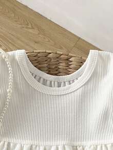 Vestido de princesa para niñas con encaje blanco, vestido de bebé de manga corta de verano con volantes azul marino - Blanco - Ver 3