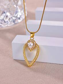 Geometric Hollow Double-Layer Teardrop Pendant Necklace, Inlaid Synthetic Zirconia, Elegant Teardrop Necklace, European And American Style, Suitable For Women's Daily Wear - 1 - View 2
