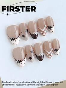 10 pièces Faux ongles courts de forme amande faits à la main, style d'été, série de couleurs café au lait nude, art des ongles à carreaux, nœud, étoile et pois, texture brillante, ongles acryliques réutilisables convenant pour un port quotidien - Multicolore - Voir 1