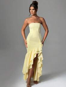 Sleeveless Knit Maxi Dress With Ruffles, Elegant And Sensual Bustier Spring Summer Fashion - Yellow - View 3
