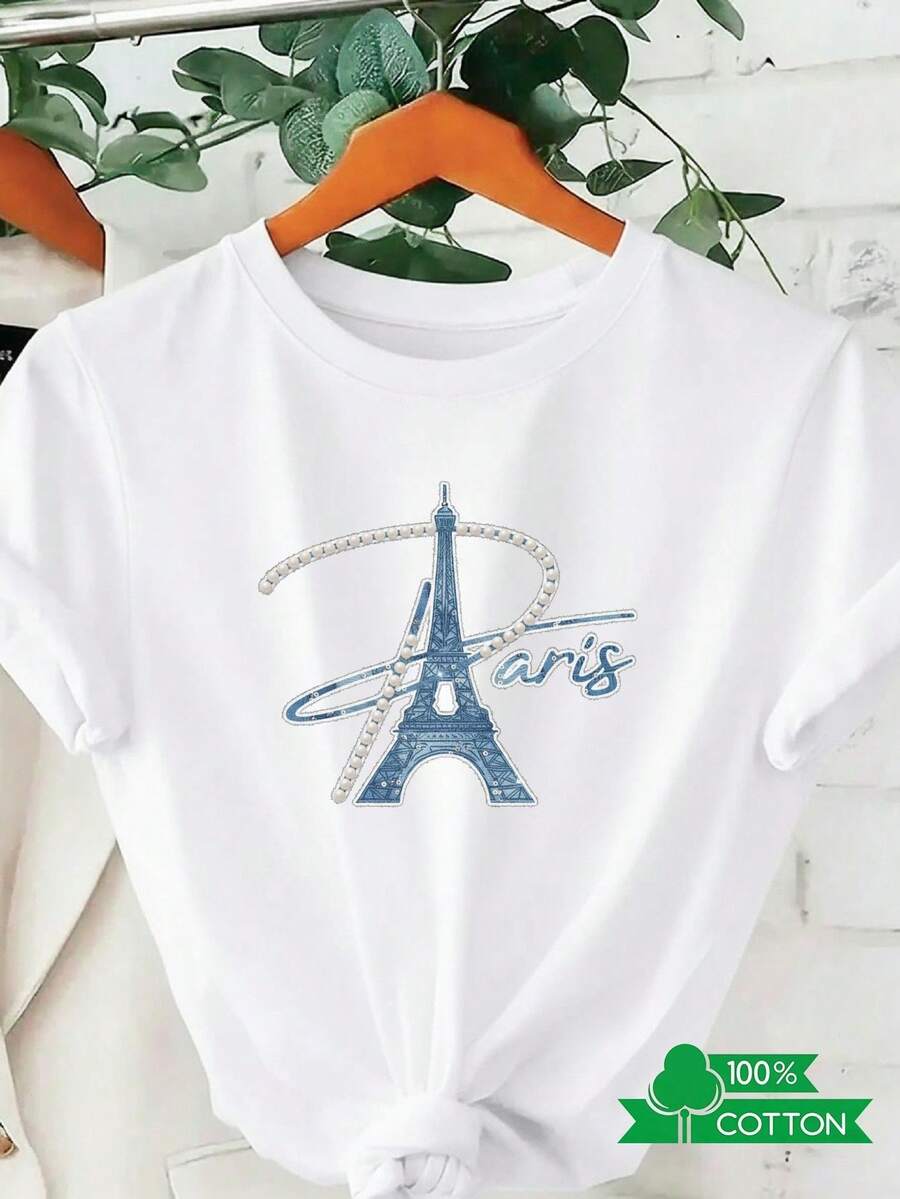 Women's Round Neck T-Shirt With Anime Letter Print, Simple Design, Comfortable And Breathable, Ideal For Casual And Versatile Daily Wear, Showcasing A Natural And Elegant Style, A Must-Have For Summer Parties. - 白色 - 查看 1