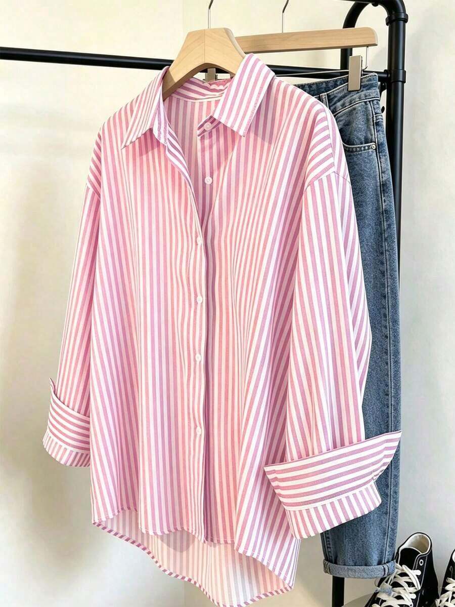 Camisa de mujer de manga larga a rayas, de un solo pecho, casual y versátil para uso diario - Rosa Fucsia - Ver 1