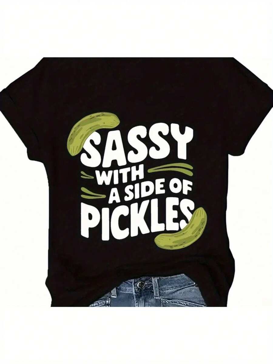 Funny Pickle Graphic T-Shirt, 100% Crew Neck And Short Sleeve, Family T-Shirt For Men And Women, Funny Gift T-Shirt, Regular Fit, Comfortable Stretch Fabric, T-Shirts For All Seasons - 黑色 - 查看 1