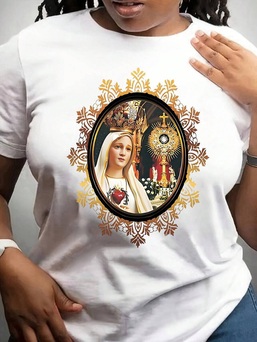 Women's Short-Sleeved Crew Neck T-Shirt With A Virgin Mary Print. This Modern And Versatile Religious-Themed T-Shirt Is Made From 100% Pure Cotton And Features Comfortable Colors. The Design Includes A Crew Neck And Short Sleeves, And The New Women's Fitted T-Shirt Is Perfect For Spring/Summer And Couples. It's Ideal For Matching Outfits. - 白色 - 查看 1