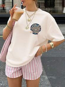 [Double-Sided Print] Women's Spring And Summer Clothing, Women's Tops, Vintage Style, Shell And Heart Design, Salty Style, Versatile, Short Sleeve, Off-The-Shoulder, Pure Cotton Oversized T-Shirt [Quan K] - 杏色 - 查看 3