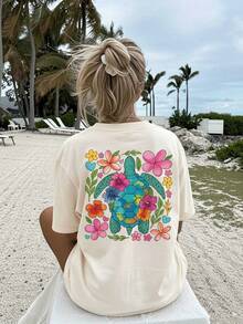 [Double-Sided Print] Women's Summer Clothes, Vintage Style Loose Fit T-Shirt With Floral Turtle Print, Short Sleeve, Round Neck, Pure Cotton, Plus Size, Drop Shoulder - 杏色 - 查看 3