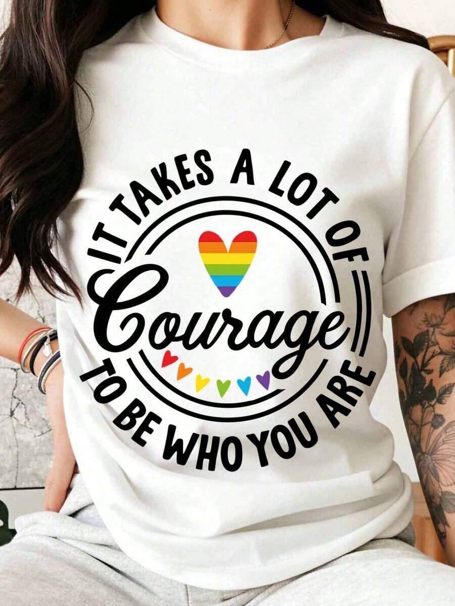 Camiseta de Mujer: Se Necesita Mucho Coraje Para Ser Quién Eres. Camiseta con Corazón Arcoíris para Mujer y Hombre, Talla Grande LGBTQ, Unisex, Casual, Regalo para el Día del Orgullo Gay. - Blanco - Ver 1