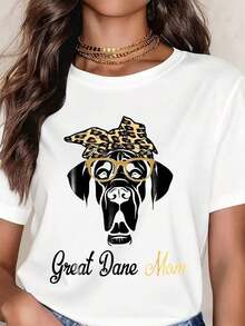 Women's T-Shirts, Mother's Day T-Shirt, Leopard Print, Headscarf, Sunglasses, Gas Mask, Casual Style, Round Neck, Short Sleeve, Perfect As A Birthday Gift And For Mother's Day, Suitable For Wearing In All Seasons, For Daily Outdoor Use. - 白色 - 查看 6