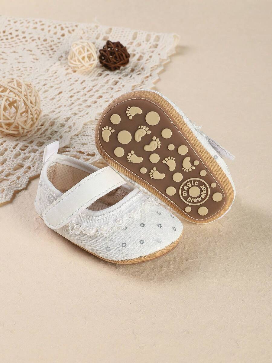 1 par de zapatos planos de princesa con encaje de unicolor, lindos y antideslizantes, para recién nacidos e infantes, adecuados para primavera y otoño - Blanco - Ver 1