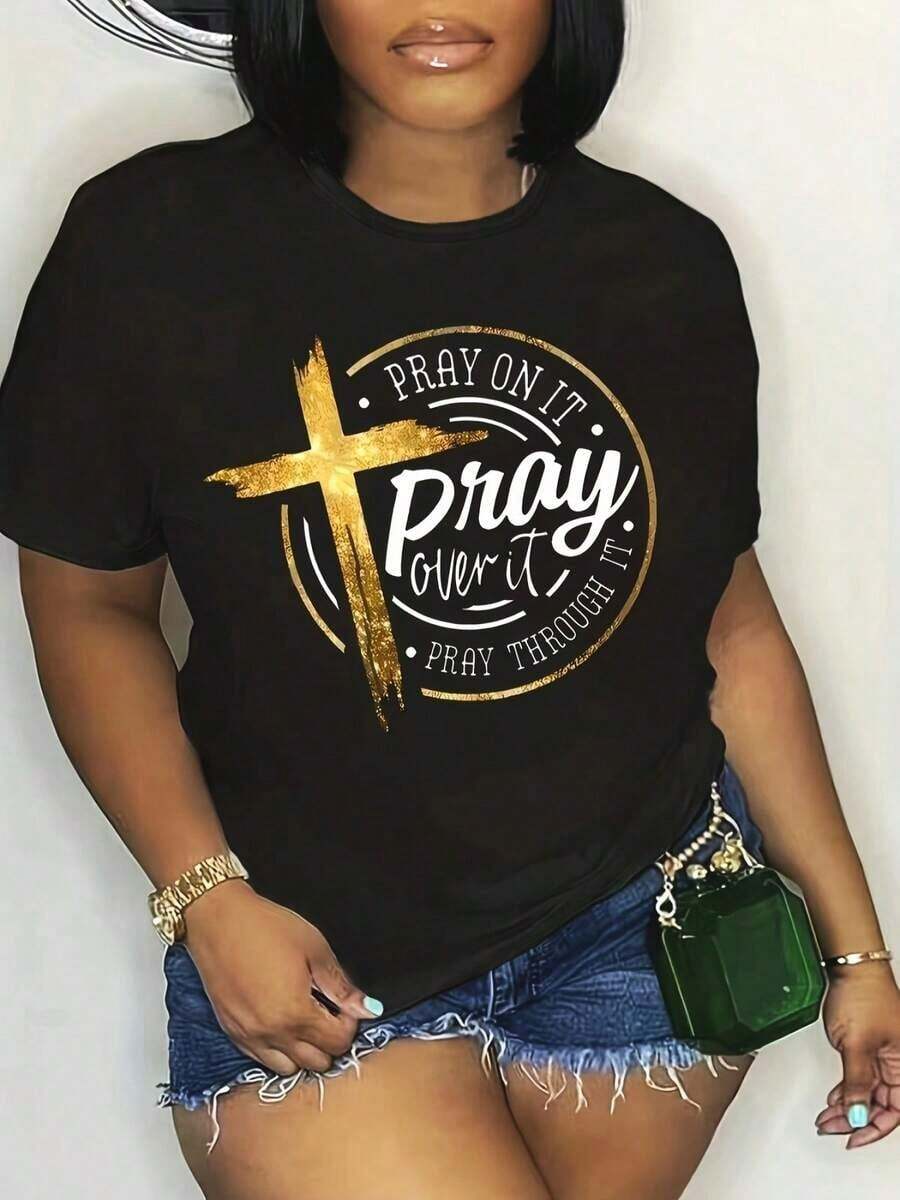 Fashionable Women's T-Shirt With Round Neck, Short Sleeves And Print For Spring Summer - Black - View 1
