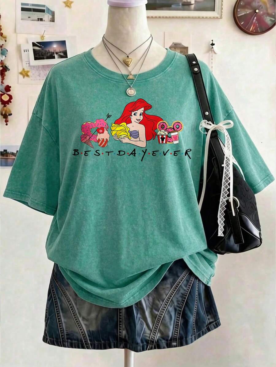 Disney Oversize Round Neck Washed T-Shirt With Disney Ariel Print, Disneyland, Disney Animal Kingdom, Disney Family Vacation Trip, Summer Outfits For Women, Vacation Outfits Women, Dresses,, Dresses For Women, Summer Clothes, Summer Tops, Capris For Women, Rompers For Women, Jeans For Women, Jorts, Graphic Tees Women, Tank Tops Women, Dresses For Women Summer, Summer Tops, Summer Clothes, Summer, Swimsuits For Woman, Bathing Suits For Women, Bikinis, White Tank Top, Women Sweatshirts & Hoodies, Cord Sets For Women, Trajes Elegantes De Mujer, Conjuntos De Dos Piezas Para Mujer, Skirt Two Piece Set, Conjuntos De Mujer, Blusas, Trajes De Mujer Casual, Free Shipping, Co Ords Sets Women, Faldas - Màu xanh Bạc hà - Xem 1