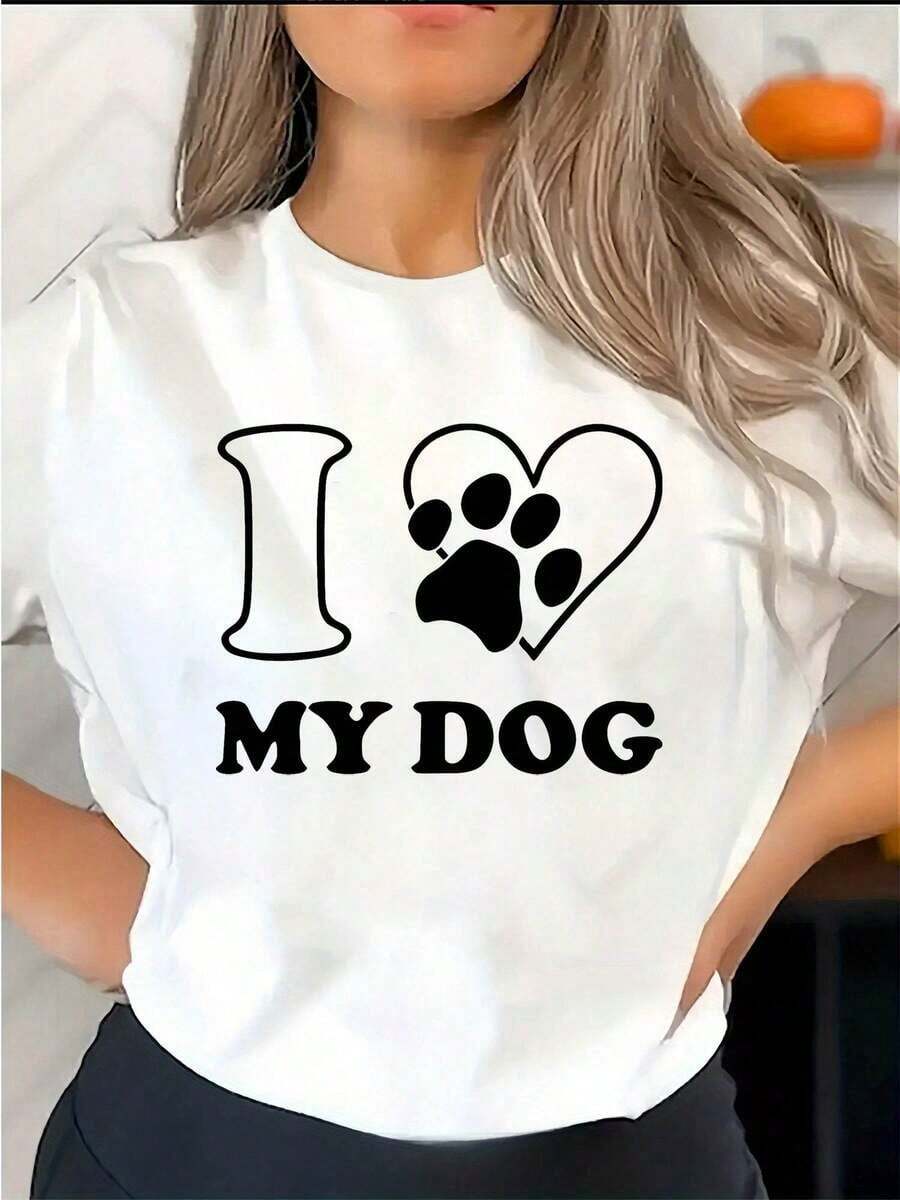 Under The Radar Women's "I Love Dogs" Print T-Shirt - Dog & Puppy Owner Clothing, Summer Short Sleeve Crew Neck T-Shirt With Canine Theme Print, Machine Washable Casual Pet Lover Clothes - Unisex Vintage Urban Style Cotton Short Sleeve Crew Neck T-Shirt. - 白色 - 查看 1