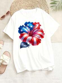 Women's T-Shirt With A Patriotic Floral Design In The Colors Of The American Flag, Perfect For Independence Day Celebrations And National Events. Casual Wear For Everyday Activities. Crew Neck Style, Modern And Versatile. Machine Washable. Suitable For All Seasons. - 白色 - 查看 3