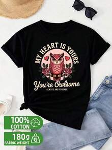 1 Owl Heart Design T-Shirt | Women's 100% Black Graphic T-Shirt, 180g Fabric Weight, Fashionable Print Design, Weekend Casual Wear, Bird Lover Essential, Simple Yet Sophisticated - GREENINK 180g 100% Cotton - 黑色 - 查看 1