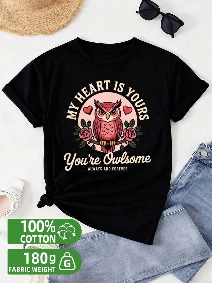 1 Owl Heart Design T-Shirt | Women's 100% Black Graphic T-Shirt, 180g Fabric Weight, Fashionable Print Design, Weekend Casual Wear, Bird Lover Essential, Simple Yet Sophisticated - GREENINK 180g 100% Cotton - 黑色 - 查看 1