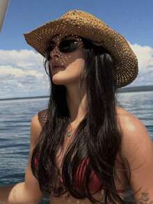 Sombrero Vaquero de Paja Calado Marrón, Sombrero Protector Solar Bohemio para Mujer, Accesorio para Playa, Viajes y Pueblos Mágicos - A - Ver 3