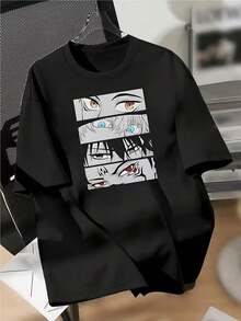 Camiseta con Estampado de Personajes de Anime  para Hombre y Mujer, Ropa Casual y Cómoda de Cuello Redondo, Manga Corta, Camiseta para Fiestas, Uso en las Cuatro Estaciones, Ropa Casual Festiva - Negro - Ver 1