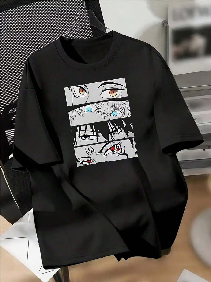 Camiseta con Estampado de Personajes de Anime para Hombre y Mujer, Ropa Casual y Cómoda de Cuello Redondo, Manga Corta, Camiseta para Fiestas, Uso en las Cuatro Estaciones, Ropa Casual Festiva - Negro - Ver 1