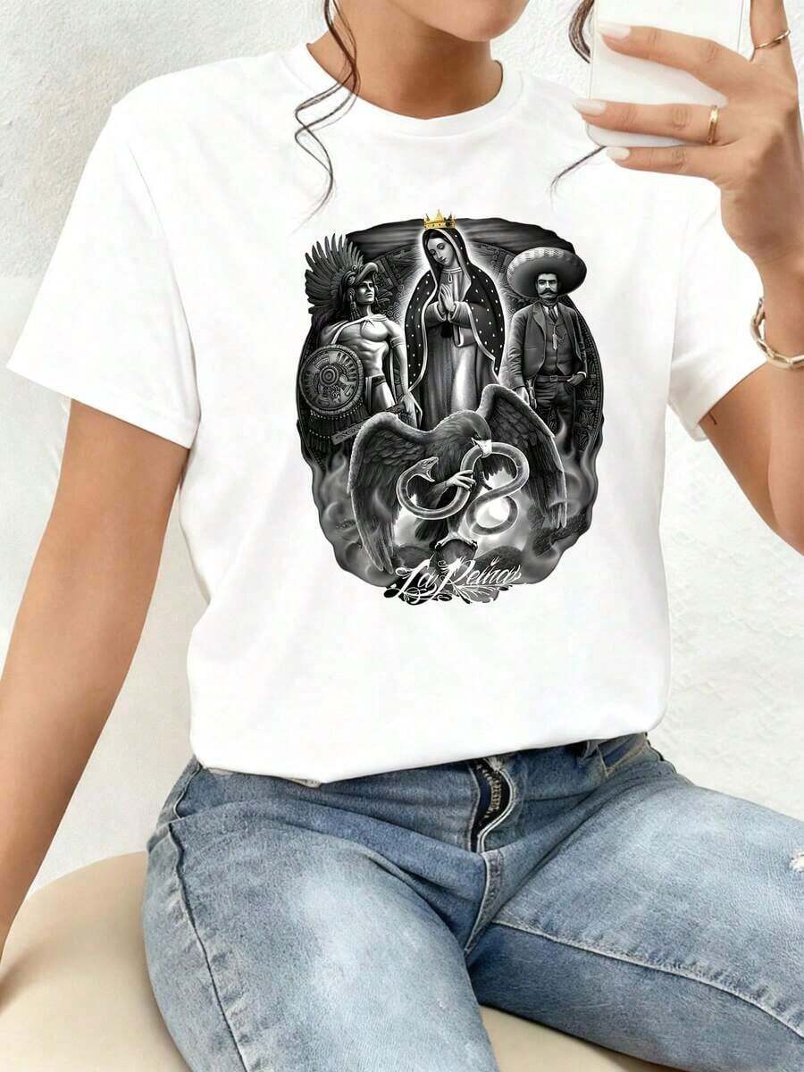 Powerful Eagle Holding A Serpent Surrounded By Figures Representing The Union Between Ancestral Strength, Spiritual Devotion, And Mexican Identity With Intense Symbolic Details And A Heroic Aura. Women's T-Shirt, 100% Cotton. New Summer Women's T-Shirt, Casual And Comfortable Crew Neck Top - 白色的 - 查看 1