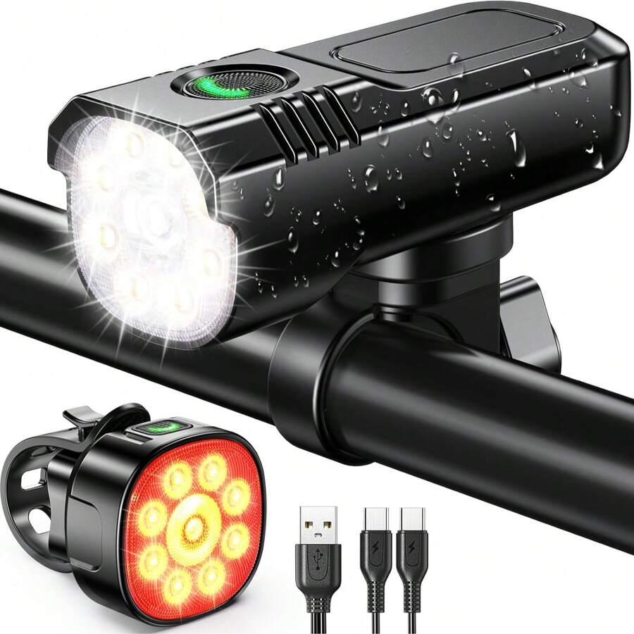 High-Brightness, Ultra-Bright Bicycle Light Suitable For Night Riding, With Adjustable Modes, Front And Rear Lights, Rechargeable, IP65 Waterproof, Front And Rear Bicycle Headlight Set, Compatible With Bicycle Electronics. - Black - View 1