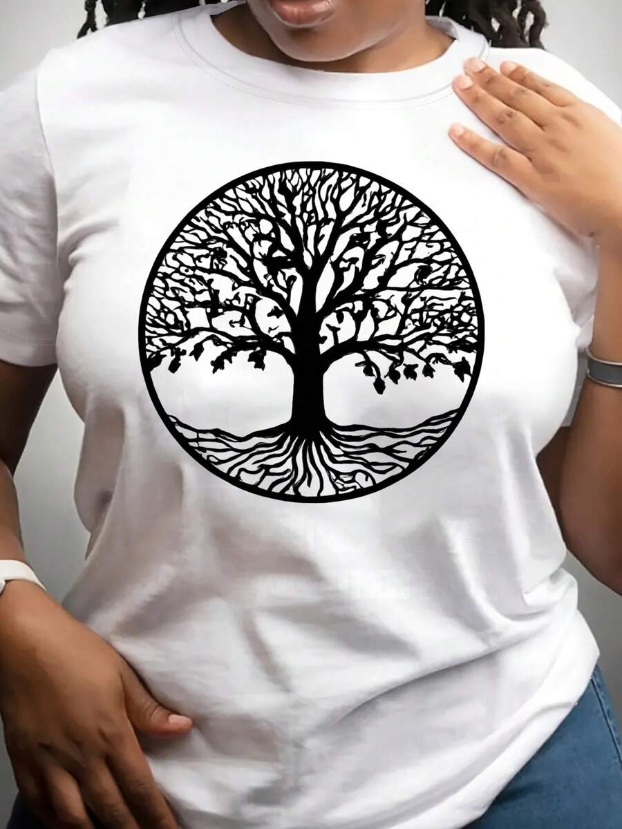 Camiseta Estampada para Mujer - Camiseta Casual de Manga Corta y Cuello Redondo con Diseño de Árbol. Perfecta para una Mujer de Piel Oscura, con un Corte Relajado para Todas las Estaciones, la Elección Perfecta Tanto para el Uso Diario Como para tus Atuendos de Vacaciones (Lavable aáquina). - Blanco - Ver 1