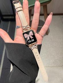 1件女款/男款玫瑰金鑲嵌立方鋯石金屬蝴蝶結與粉色皮革錶帶，相容於 38/40/41/42/44/45/46/49mm，相容於 Series 11/10/9/8/7/6/5/4/3/2/1/Ultra/SE，適用於腕圍 5.5 至 8 英寸，透氣材質全天舒適，時尚高端的智慧手錶配件 - 星光色玫瑰金扣 - 查看 2