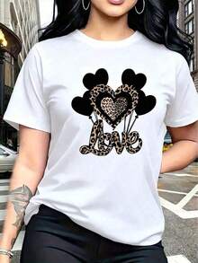 Camiseta Casual Estampada para Mujer con Corazón Negro y Estampado de Leopardo, Blusas Casuales de Verano para Mujer, Top de Algodón Suave y Transpirable de Corte Holgado para Mujer (Opciones de Tallas Grandes Disponibles), Ropa de Verano para Mujer - Blanco - Ver 7